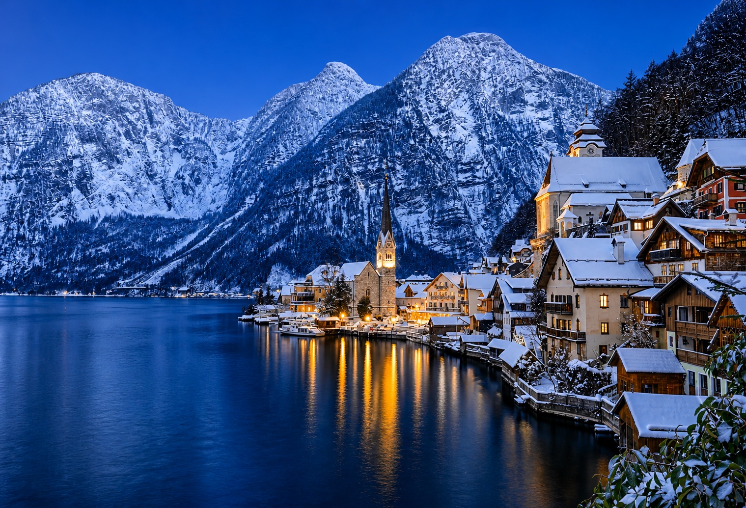 Alpine lake village at blue hour